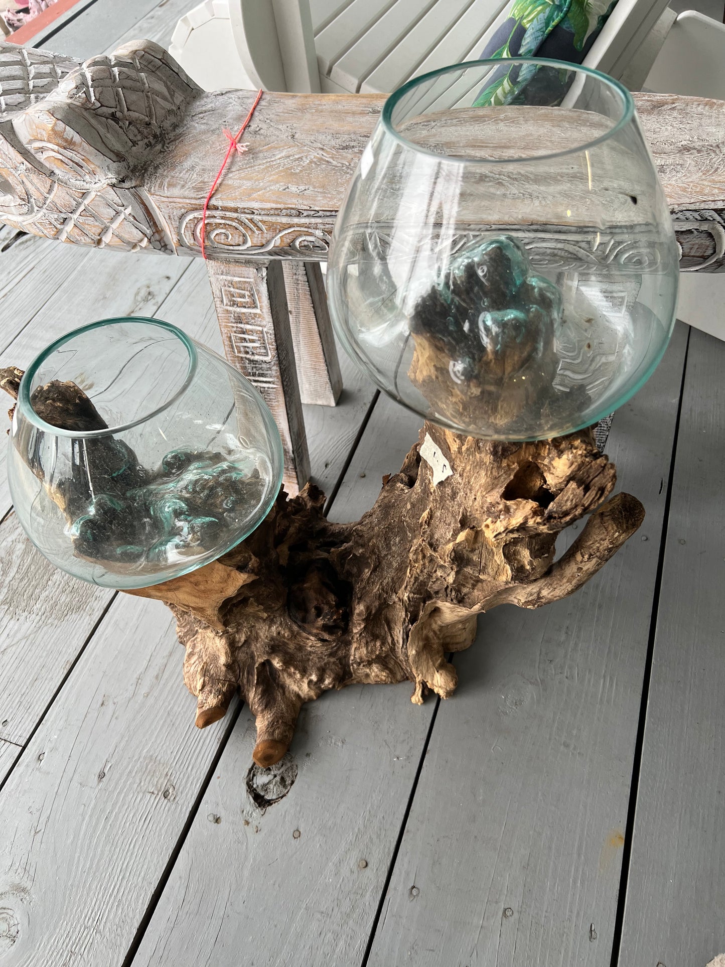 Molten Glass with Molded Teak Wood Base Set