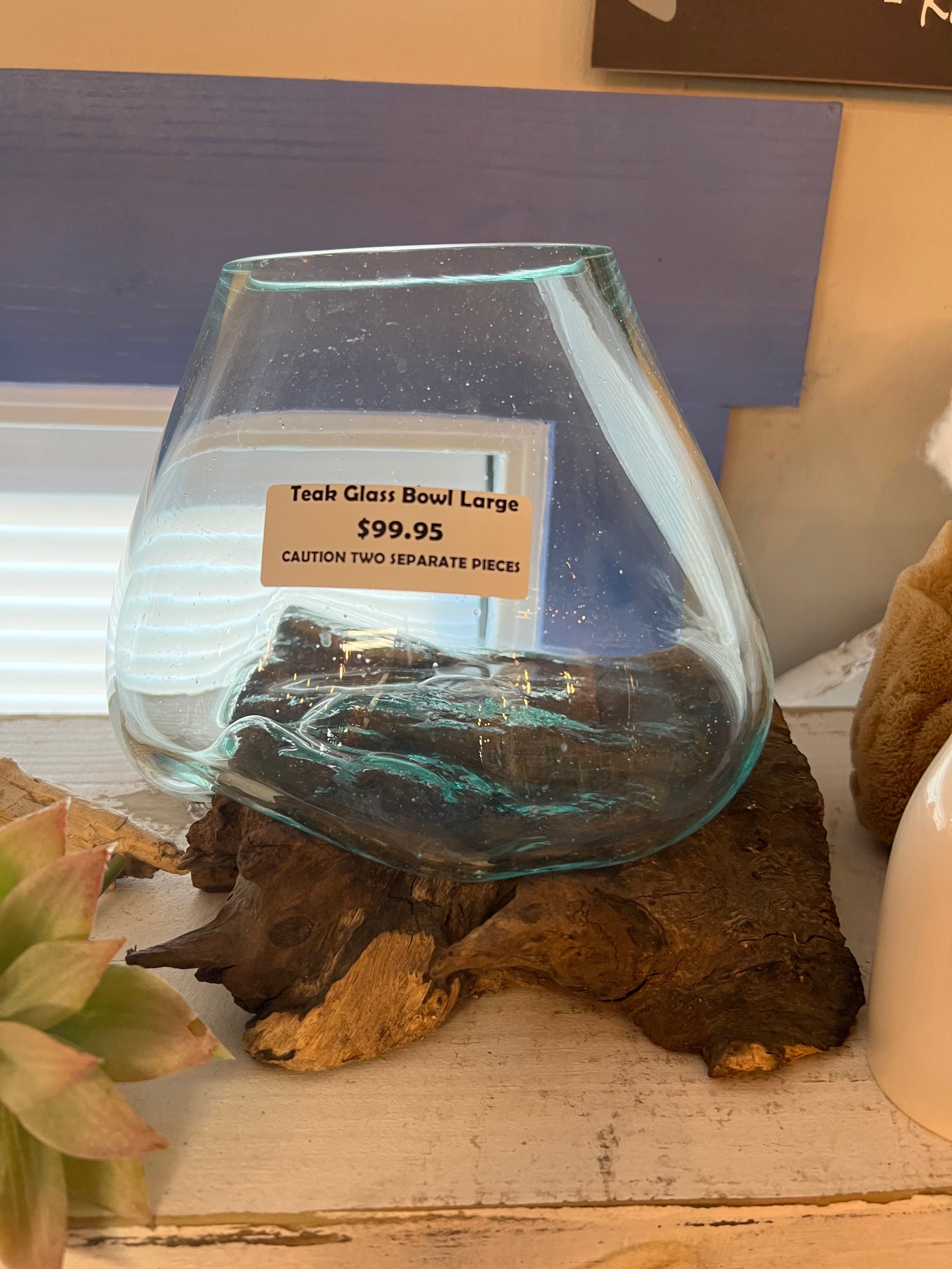 Molten Glass with Molded Teak Wood Base Set